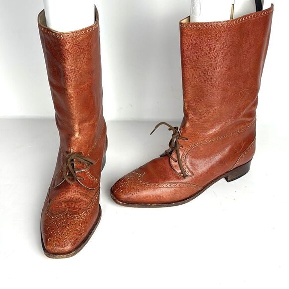 Vintage Fratelli Rosetti Italy Cognac Leather Wingtip Ankle Boots IT 38,5 US 8 - Picture 3 of 16
